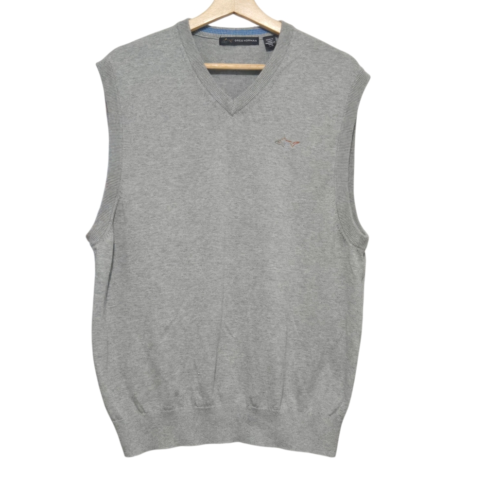 Greg Norman Collection Gray V-Neck Golf Sweater Vest Shark Logo Men's Large